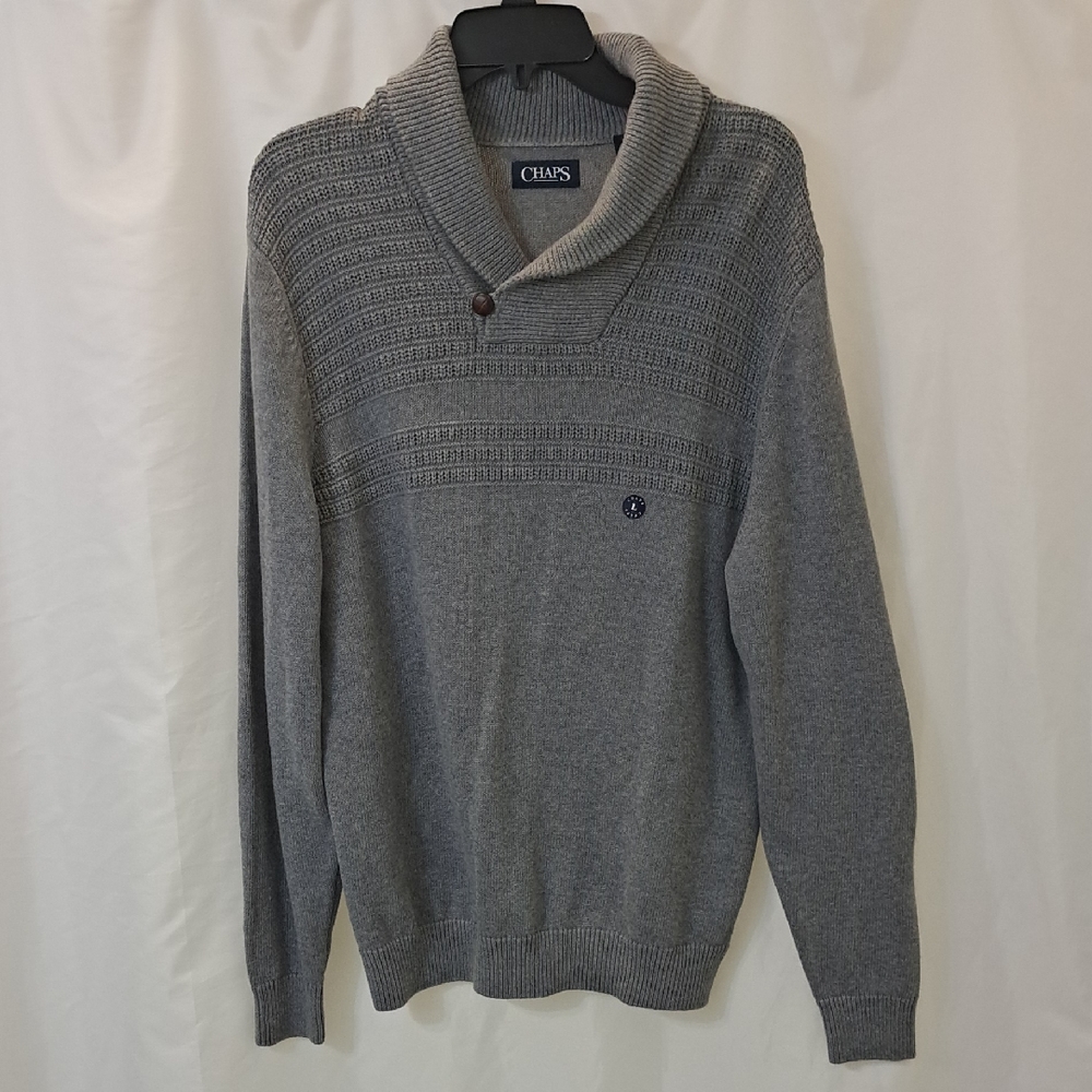 New Chaps Gray Shawl Collar 1 Button Sweater With Faux Suede Elbow Patches